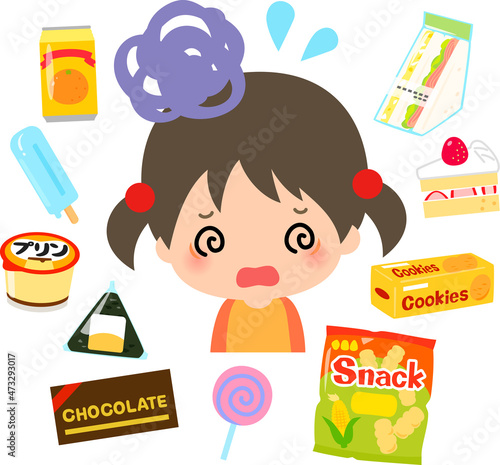 ジャンクフード、加工食品と目を回す女の子