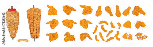 Various chicken products. Hand drawn sketch illustration. Vector illustration. Restaurant menu design template.