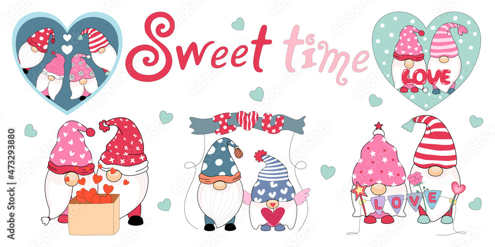 Gnome character vector illustration in sweet time designed with doodle style for card,  valentine's day, birthday, t-shirt design, fabric pattern, sticker, digital paper, pillow, background and more 