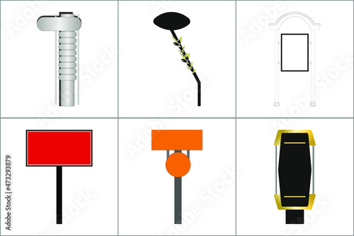 Exterior and Interior Wayfinding Signage System. office exterior monument sign, pylon sign, signage, advertising construction. Vector.