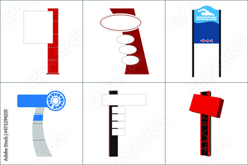Exterior and Interior Wayfinding Signage System. office exterior monument sign, pylon sign, signage, advertising construction. Vector.