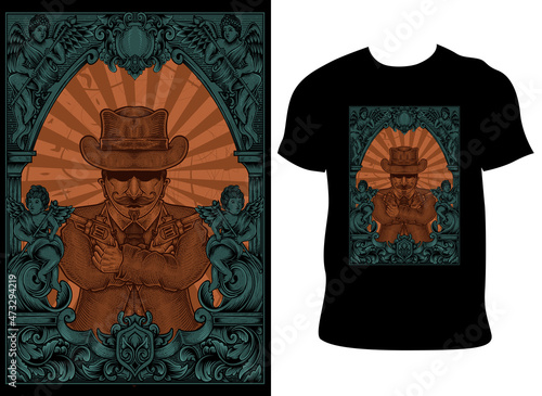 illustration mafia gangster with engraving style