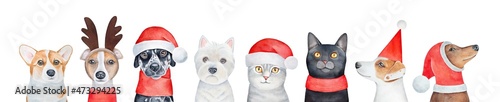 Dogs and Cats wearing cute Christmas accessories, reindeer antlers and red Santa hat. Hand painted watercolour drawing, isolated clip art elements for design and Christmas holidays celebration.