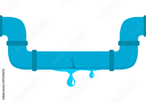 Leaking blue PVC pipe tube flowing dripping water on white background floor flat vector icon design.