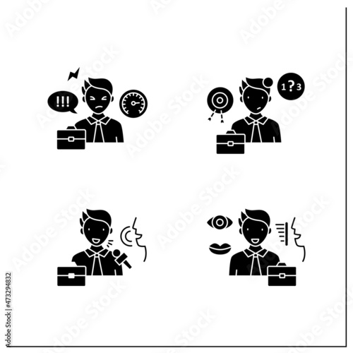 Effective communication glyph icons set.Ineffective, verbal, non verbal communication. Exchanging thoughts, knowledge in messages.Filled flat signs. Isolated silhouette vector illustrations
