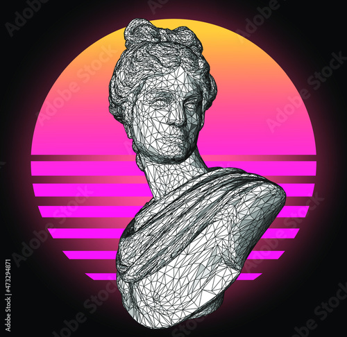 Retrofuturistic vaporwave style 3D illustration of a low poly Apollo Belvedere bust. Sci-fi retro aesthetics.