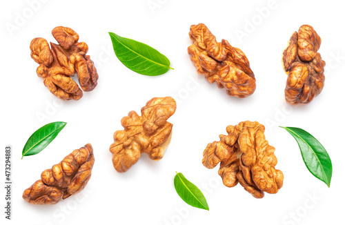 Walnut Isolated. Walnut kernel Nut on white background. Collection. Top view. Flat lay.