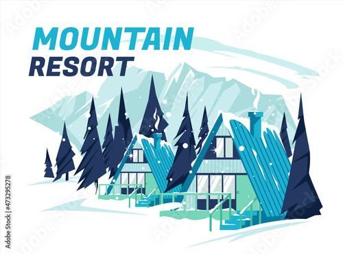 Winter snowy mountain landscape and houses on vector background with snowflakes falling from the sky. Accommodation in a ski resort winter landscape of cold weather among conifers