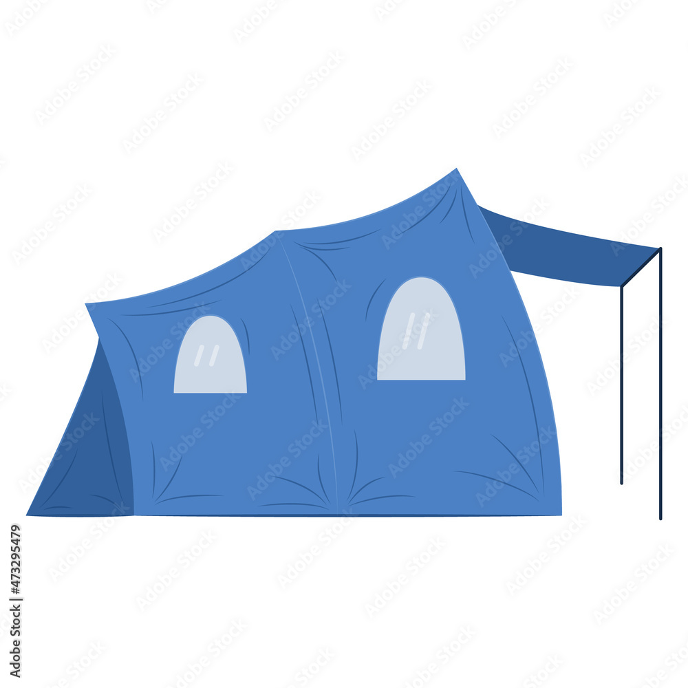 Protective tarpaulin tent for camping. Blue tent with canopy, tourism, outdoor travel, sports. A shelter for sleeping, relaxing.Vector icon, flat, cartoon, isolated Protective tarpaulin tent for camping. Blue tent with canopy, tourism, outdoor travel, sports. A shelter for sleeping, relaxing.Vector icon, flat, cartoon, isolated