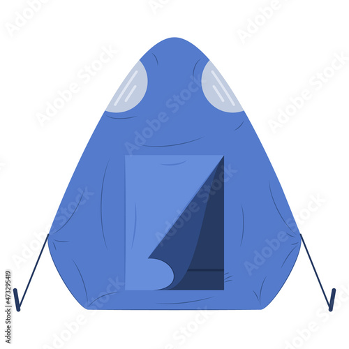 Camping tent with two round windows. Waterproof blue tarpaulin tent for sleeping and relaxing, traveling outside, sports, tourism. Vector icon, flat, cartoon, isolated