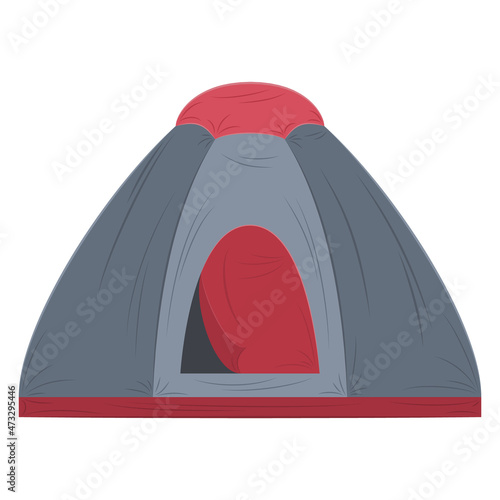 Semi-circular tarpaulin waterproof tent for rest, night sleep. Traveling outside, camping, hiking, sports. Gray, red tent, protection from rain, wind. Vector icon, flat, cartoon, isolated