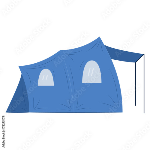 Protective tarpaulin tent for camping. Blue tent with canopy, tourism, outdoor travel, sports. A shelter for sleeping, relaxing.Vector icon, flat, cartoon, isolated