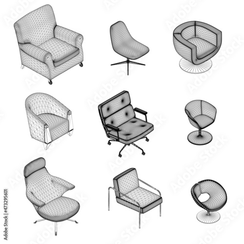 Set of armchairs and chairs wireframes from black lines isolated on white background. Isometric view. 3D. Vector illustration