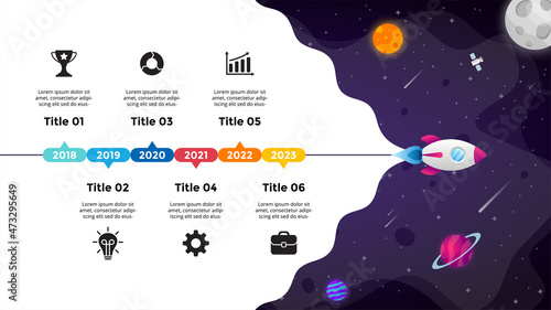Universe background. Startup vector Infographic. Rocket launch into space. Presentation slide template. Business success diagram chart. 5 steps.