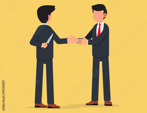 Two business man shaking hands. Businessman holding knife behind his back, treacherous deal or betrayal metaphor