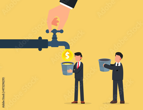 Two businessmen holding buckets wait for the gold coins flowing out of the tap. budget control concept