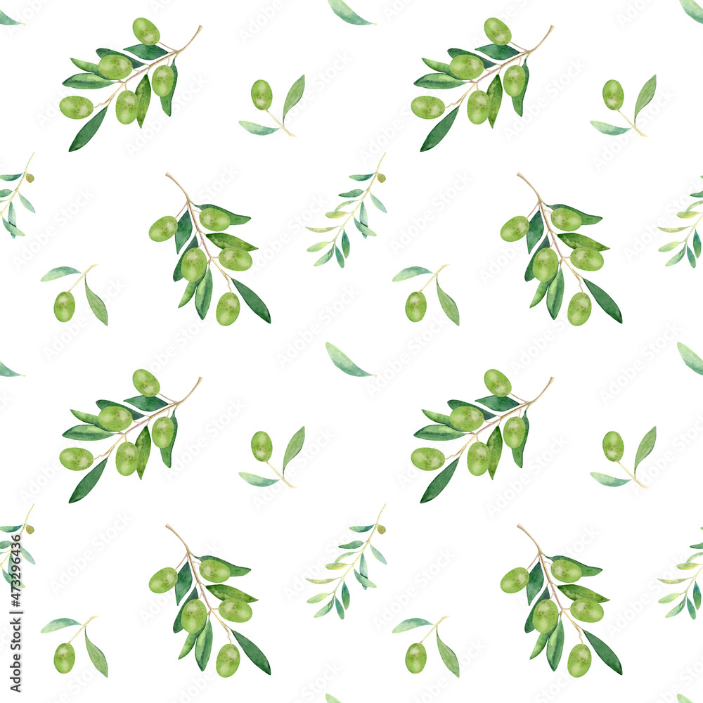 Watercolor seamless botanical pattern with olive branches on white background. Repeated background with green olives for textile, wallpapers, prints.