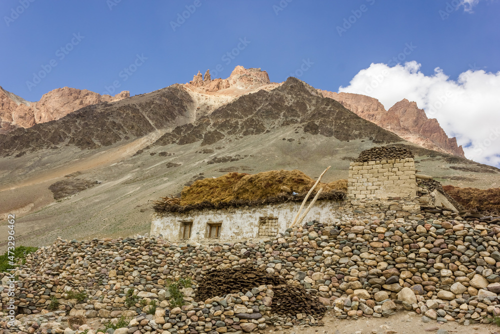 Old, rustic traditional stone walls and houses in the village of Kargiak in the Zanskar valley in Ladakh. Old, rustic traditional stone walls and houses in the village of Kargiak in the Zanskar valley in Ladakh.