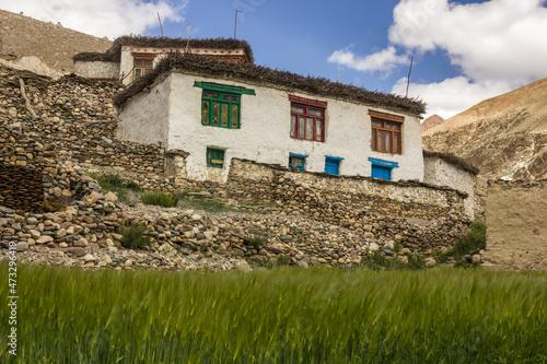 Traditional stone houses in the village of Kargyak in the Zanskar region of Ladakh in the Indian Himalaya.