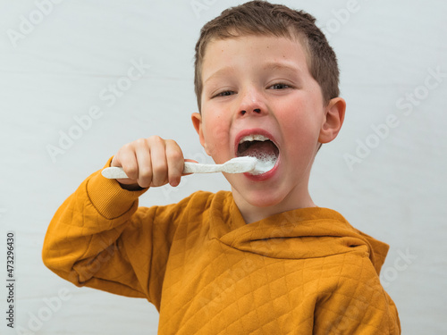 Boy brushing teeth in bathroom