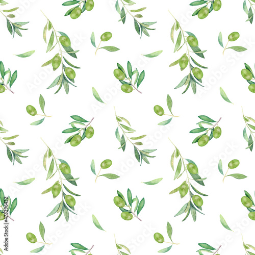 Watercolor seamless botanical pattern with olive branches on white background. Repeated background with green olives for textile  wallpapers  prints.