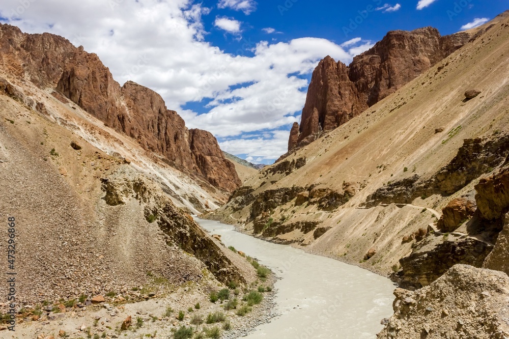 A river flowing through rocky canyons on the wilderness trek from Purne to the Phugtal monastery in the Zanskar valley in Ladakh in the Indian Himalaya.