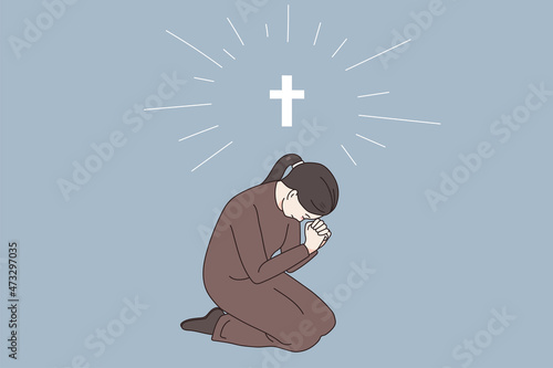 Religion praying and believe in god concept. Young woman nun sitting with hands crossed praying to god in religious gesture spiritual blessing vector illustration 