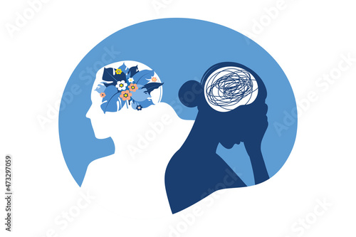 Psychotherapy or psychology support concept. Two woman different states of consciousness mind - depression and positive mental health mood. Vector illustration. Flat