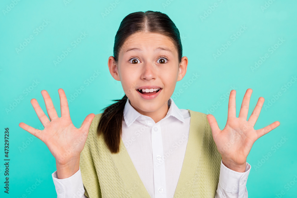 Photo of excited amazed crazy pupil lady funny sale reaction wear green top cardigan isolated teal color background Photo of excited amazed crazy pupil lady funny sale reaction wear green top cardigan isolated teal color background