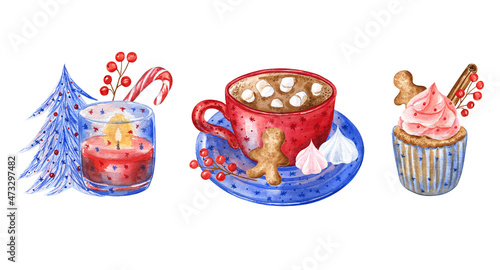 Christmas set of thee watercolor illustrations: candy with a Christmas tree and candy cane, cup of hot chocolate with marshmallow and gingerbread cookie, and cupcake with cookie and cinnamon stick.
