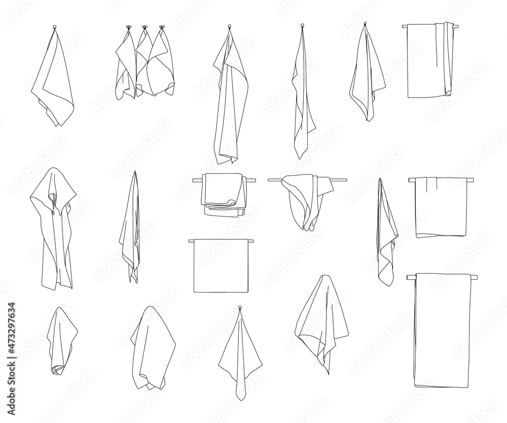 Naklejka premium Set with contours of towels hanging on a hanger from black lines isolated on a white background. Front view. Vector illustration