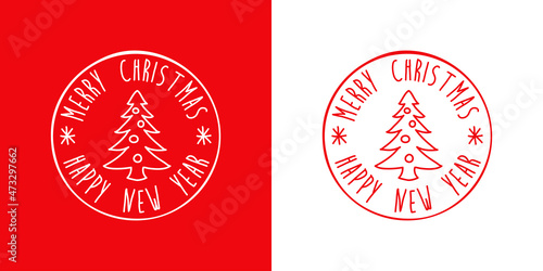 Banner con frase Merry Christmas y Happy New Year manuscrito con árbol de navidad en círculo con líneas en fondo rojo y fondo blanco