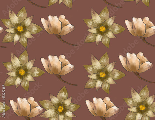 Seamless pattern cream flowers roses hibiscus climatis watercolor elements texture doodle on a creamy pink delicate cute background. For fabric, holiday, wedding card photo