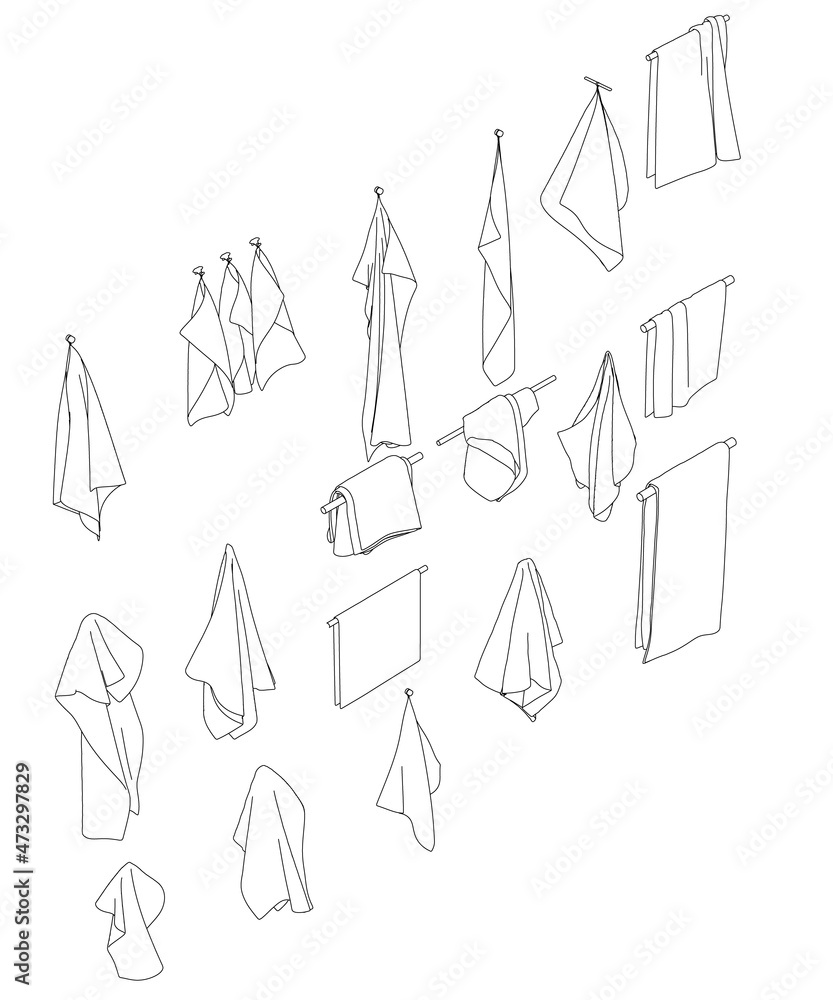 Set with contours of towels hanging on a hanger from black lines isolated on a white background. Isometric view. Vector illustration Set with contours of towels hanging on a hanger from black lines isolated on a white background. Isometric view. Vector illustration