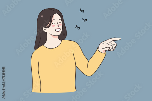 Smiling laughing and positive emotions concept. Young girl standing pointing at something and laughing with open mouth and words lettering aside vector illustration 