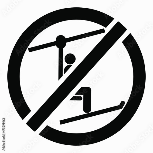 The ski lift icon is not working. The ski lift is closed for skiers. There is no ski slope. Skiers do not ride. Vector icon.