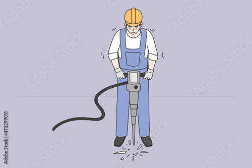 Construction works and industry concept. Man worker wearing helmet and blue uniform standing drilling ground with special machine vector illustration 
