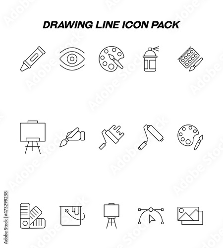 Industry concept. Collection of modern high quality drawing line icons. Editable stroke. Premium linear symbols of eye, pencil, aerosol, dye, pallette, paint roller, canvas, picture