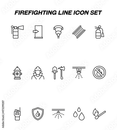 Industry concept. Collection of modern high quality fire protection line icons. Editable stroke. Premium linear symbols of fire extinguisher, shower, fire alarm, drops, match, fireman, fire escape