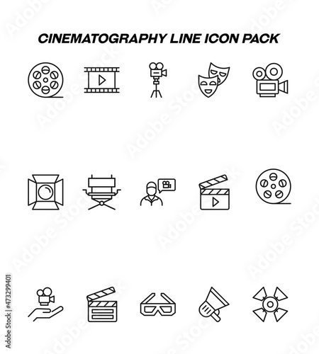 Industry concept. Collection of modern high quality cinematography line icons. Editable stroke. Premium linear symbols of theatrical masks, videocamera, loud speaker, 3d glasses, chair