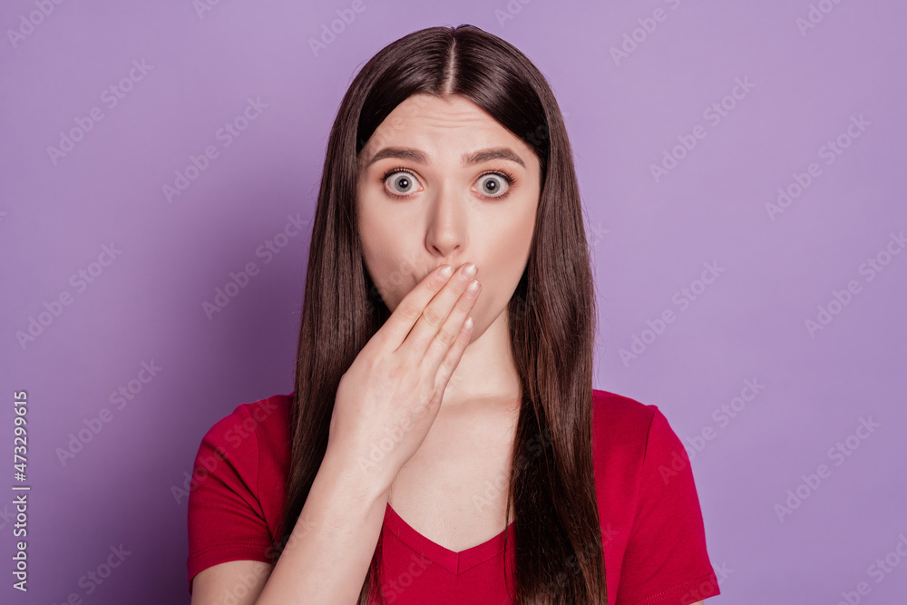 Portrait of speechless shocked lady hand cover mouth unbelievable reaction on violet background Portrait of speechless shocked lady hand cover mouth unbelievable reaction on violet background