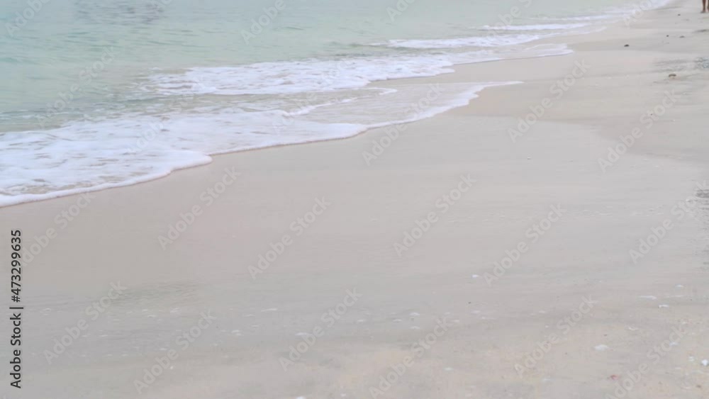 view of moving legs along the shore, close-up view of moving legs along the shore, close-up