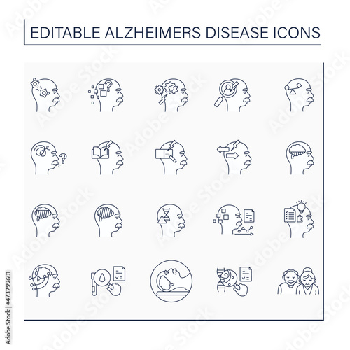 Alzheimer disease line icons set.Memory loss, language problems, impulsive behaviour.Neurologic disorder concept.Isolated vector illustrations.Editable stroke