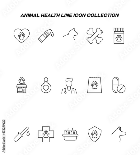 Animal health concept. Premium outline symbols for advertisement, banners, internet stores. Line icons of pet paw, medical drops, cat, bones, pills etc