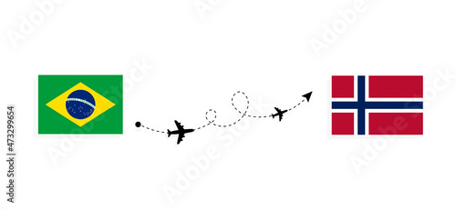 Flight and travel from Brazil to Norway by passenger airplane Travel concept