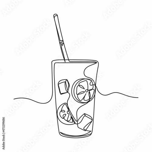 Vector abstract continuous one single simple line drawing icon of fresh cold cocktail in silhouette sketch.