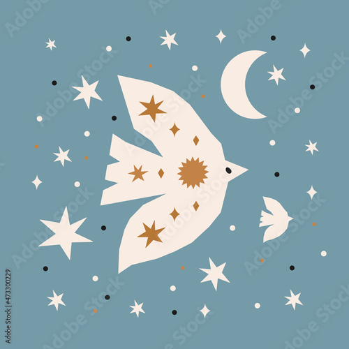 Abstract contemporary print with cutting birds, moon and stars on blue background. Modern hand drawn wall art decor. Vector illustration