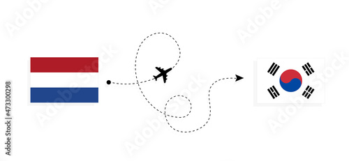 Flight and travel from Netherlands to South Korea by passenger airplane Travel concept