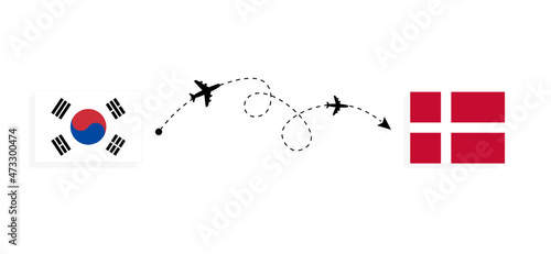 Flight and travel from South Korea to Denmark by passenger airplane Travel concept