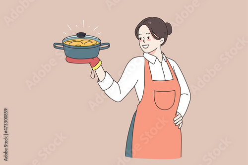 Cooking and homemade food concept. Young smiling woman chef in apron standing and holding fresh cooked dinner meal in hands vector illustration 